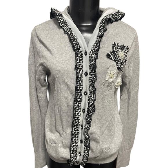 Charlotte Sweaters - Large Charlotte Womens Gray Cardigan Sweater Hooded Cotton Rosettes